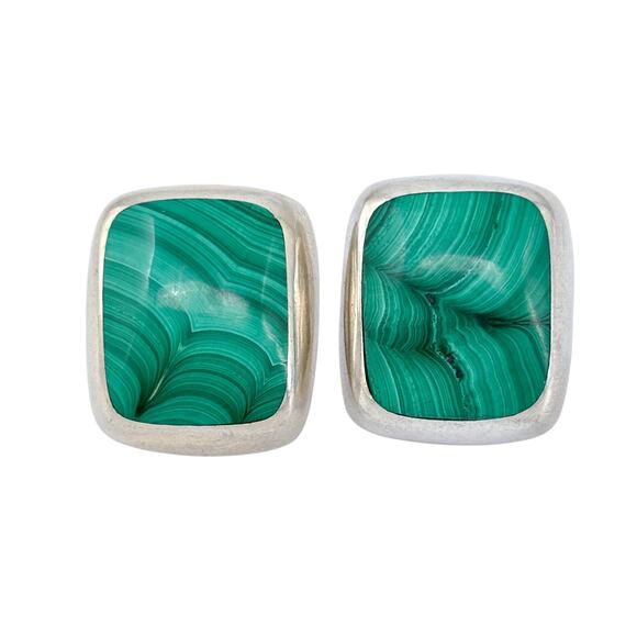 Estate Mexico Sterling Silver 925 Green Malachite Earrings - Picture 3 of 8